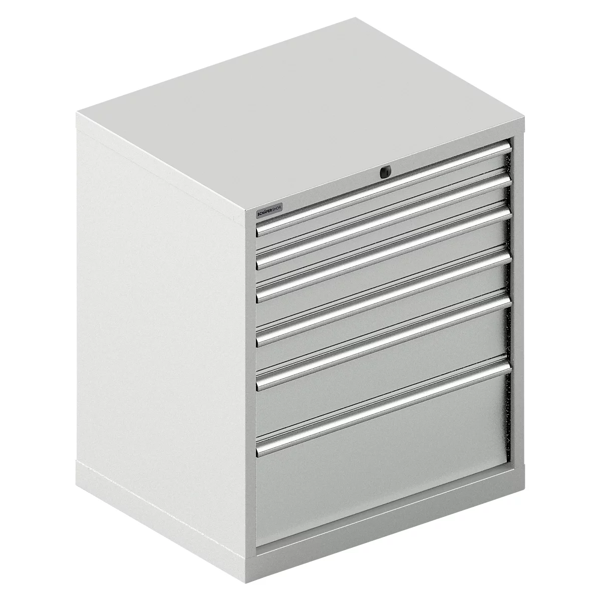 Grijze gereedschapskast met zes lades en zilveren handgrepen.