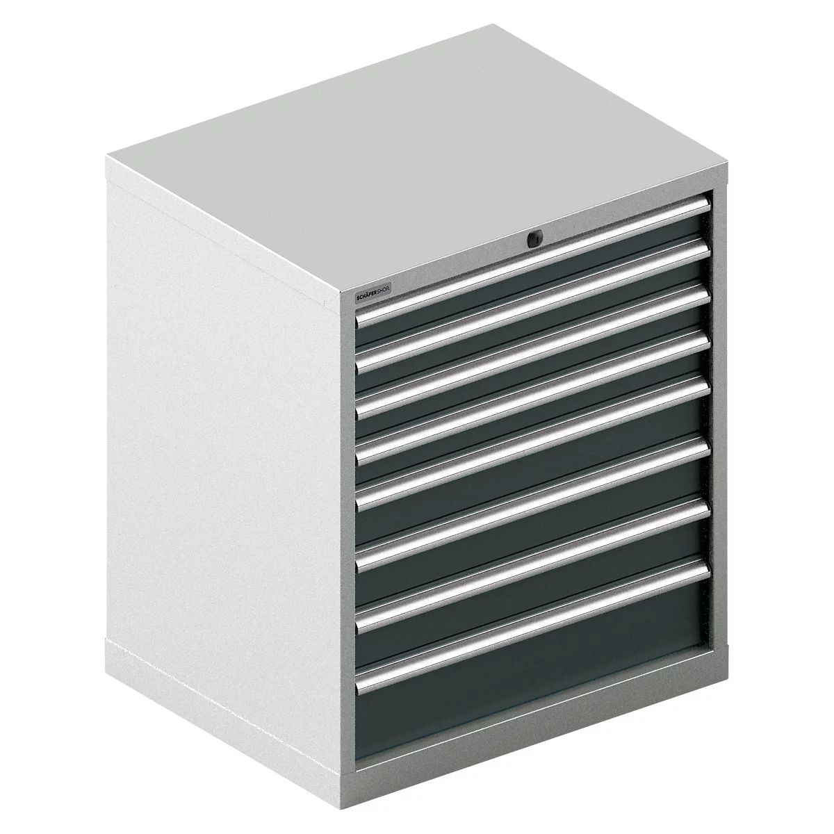 Lichtgrijze gereedschapskast met donkere laden en zilveren handgrepen, bovenaanzicht.