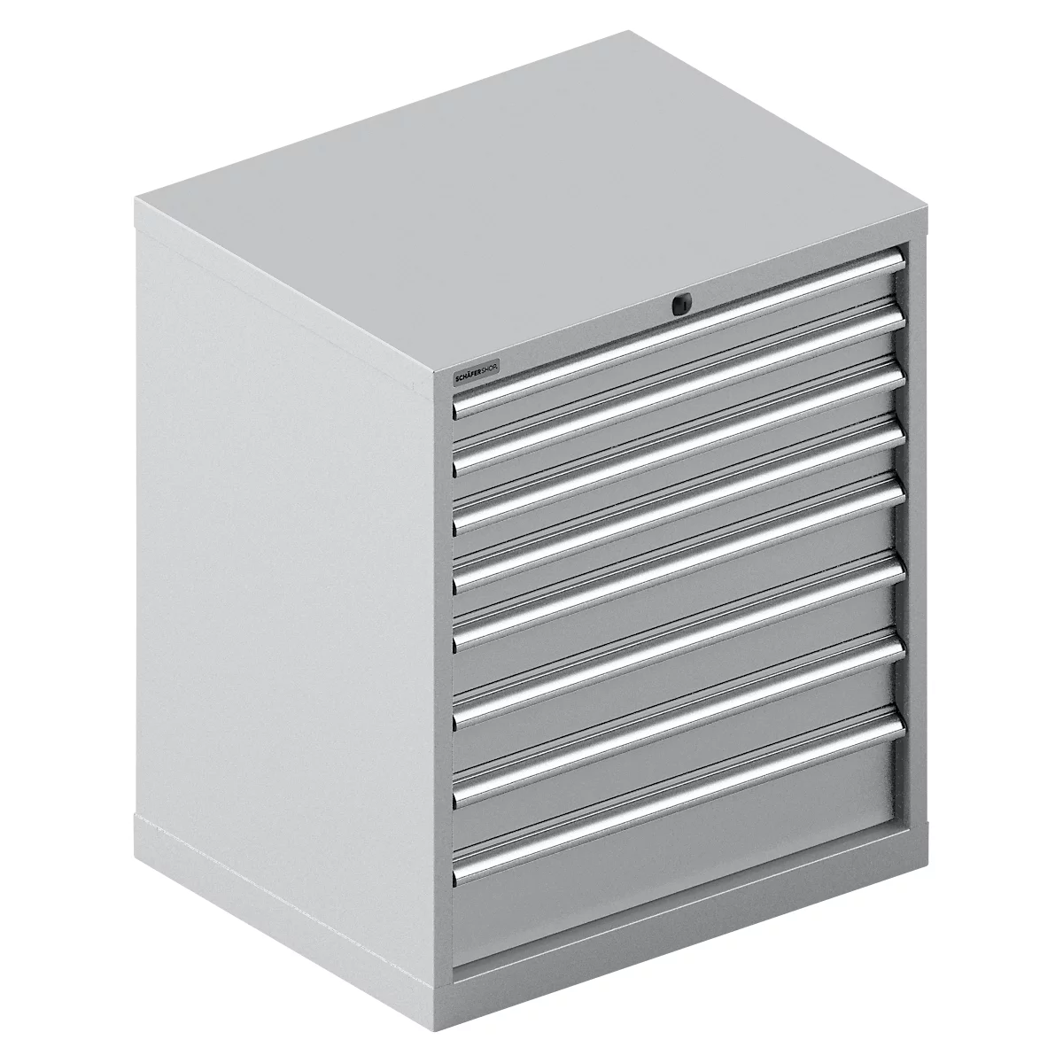 Grijze gereedschapskast met zeven laden en handvatten.