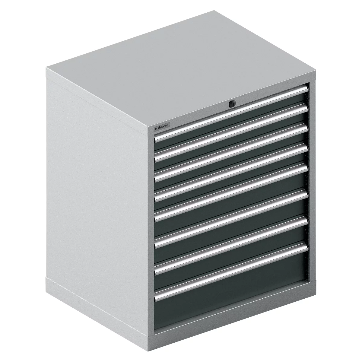 Grijze gereedschapskast met zes lades en zilveren handgrepen.