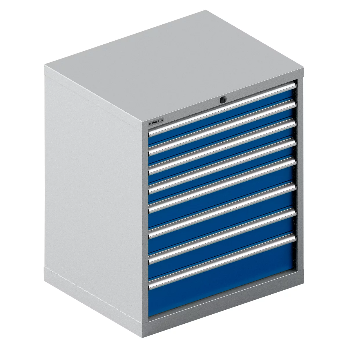 Grijze gereedschapskast met blauwe laden. Zilveren handvatten zijn bevestigd aan de laden.