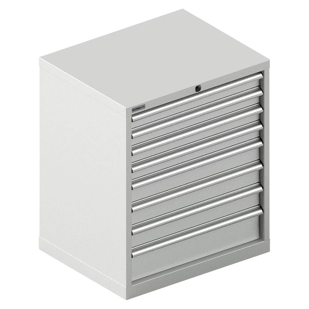 Grijze gereedschapskast met 7 lades. Met metalen handgrepen en een sleutelgat.