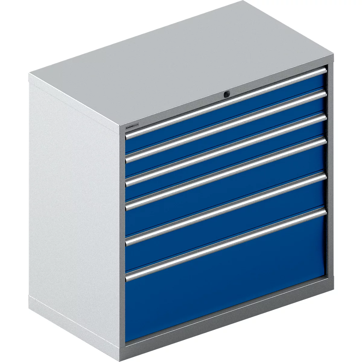 Schäfer Shop Select Ladekast 54-27, 6 laden, tot 200 kg, B 1023 x D 572 x D 572 x H 1000 mm, wit aluminium/enziumblauw, met een lengte tot 200 kg.