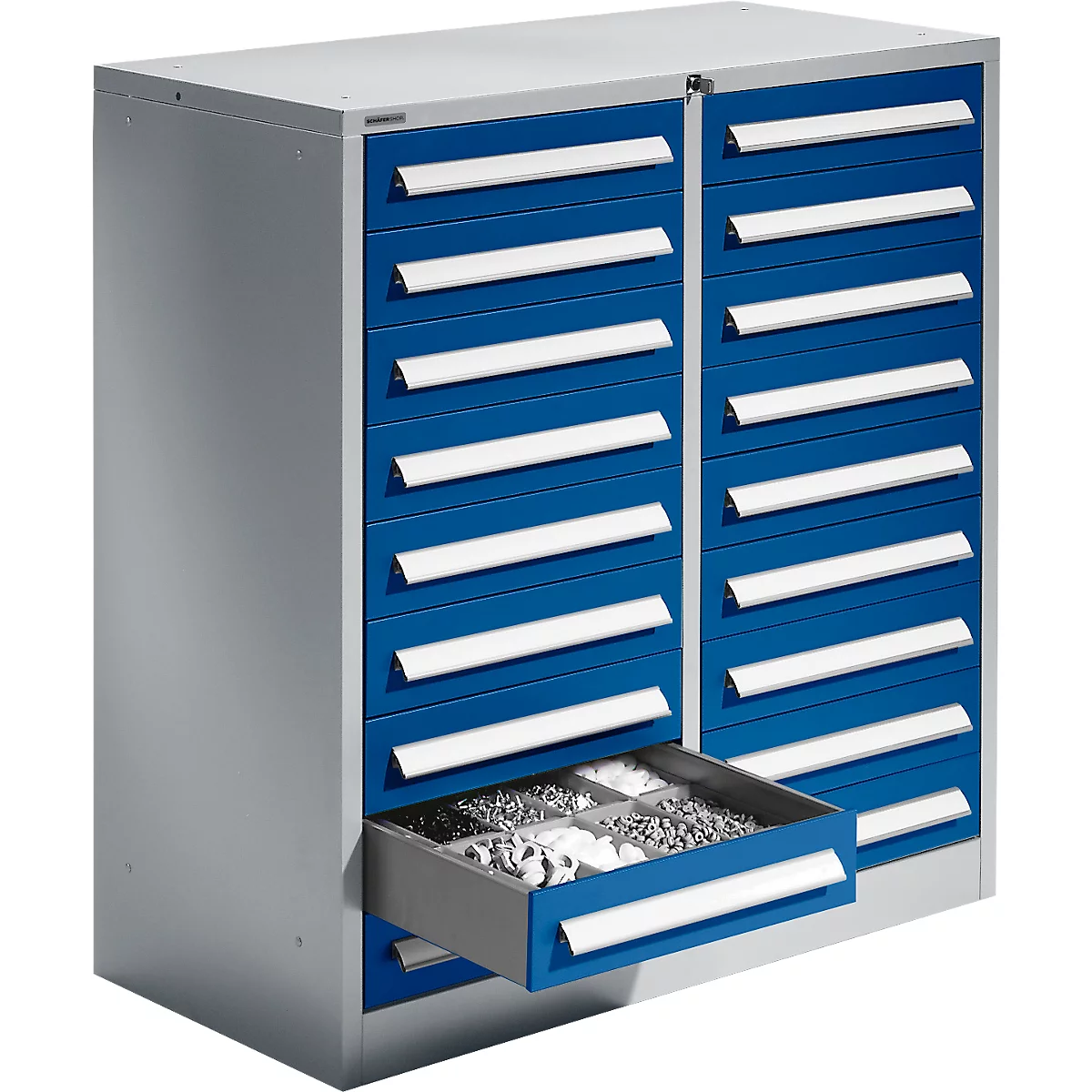 Schäfer Shop Select ladekast SF 180, 18 laden, wit aluminium RAL 9006 monoblauw RAL 5010