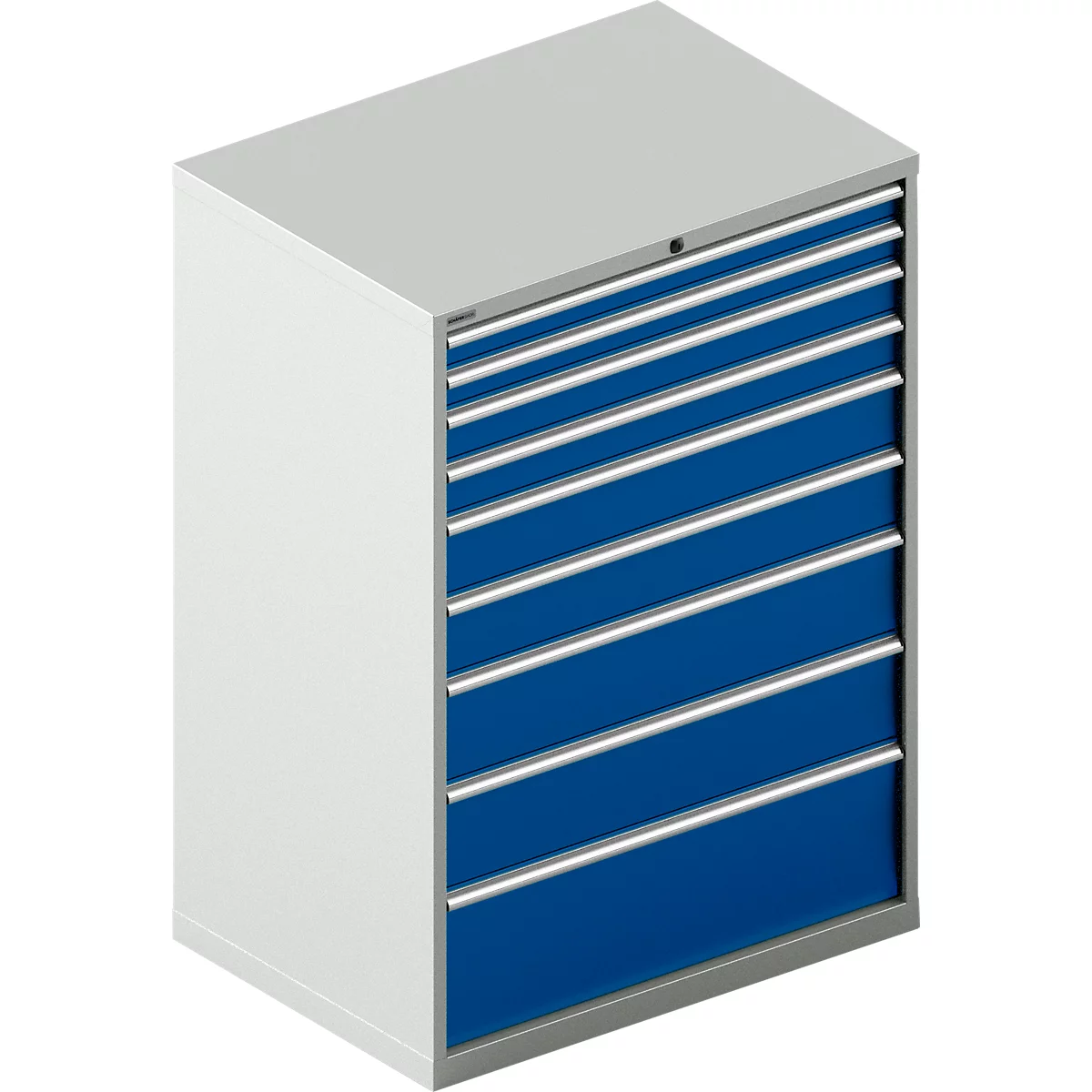Schäfer Shop Select Ladekast WSK 54-36, staal, 8 laden, tot 200 kg, B 1023 x D 725 x H 1000 mm, lichtgrijs/enzichtblauw, B 1023 x D 725 x H 1000 mm.