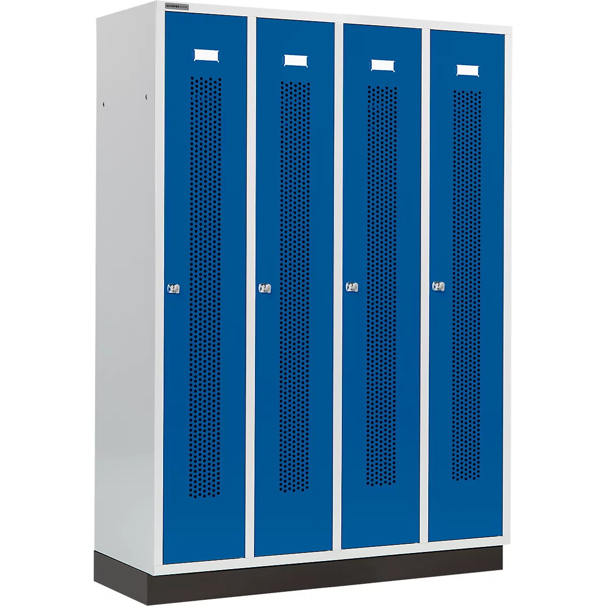 Blue lockers with ventilation slots. White frames and dark baseboard. Handles, and a white sign at the top.