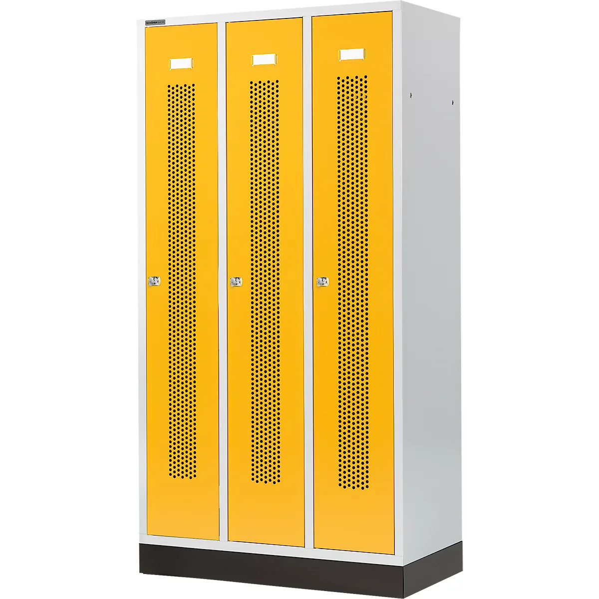 Yellow painted three-door cabinet with ventilation holes and silver handles.