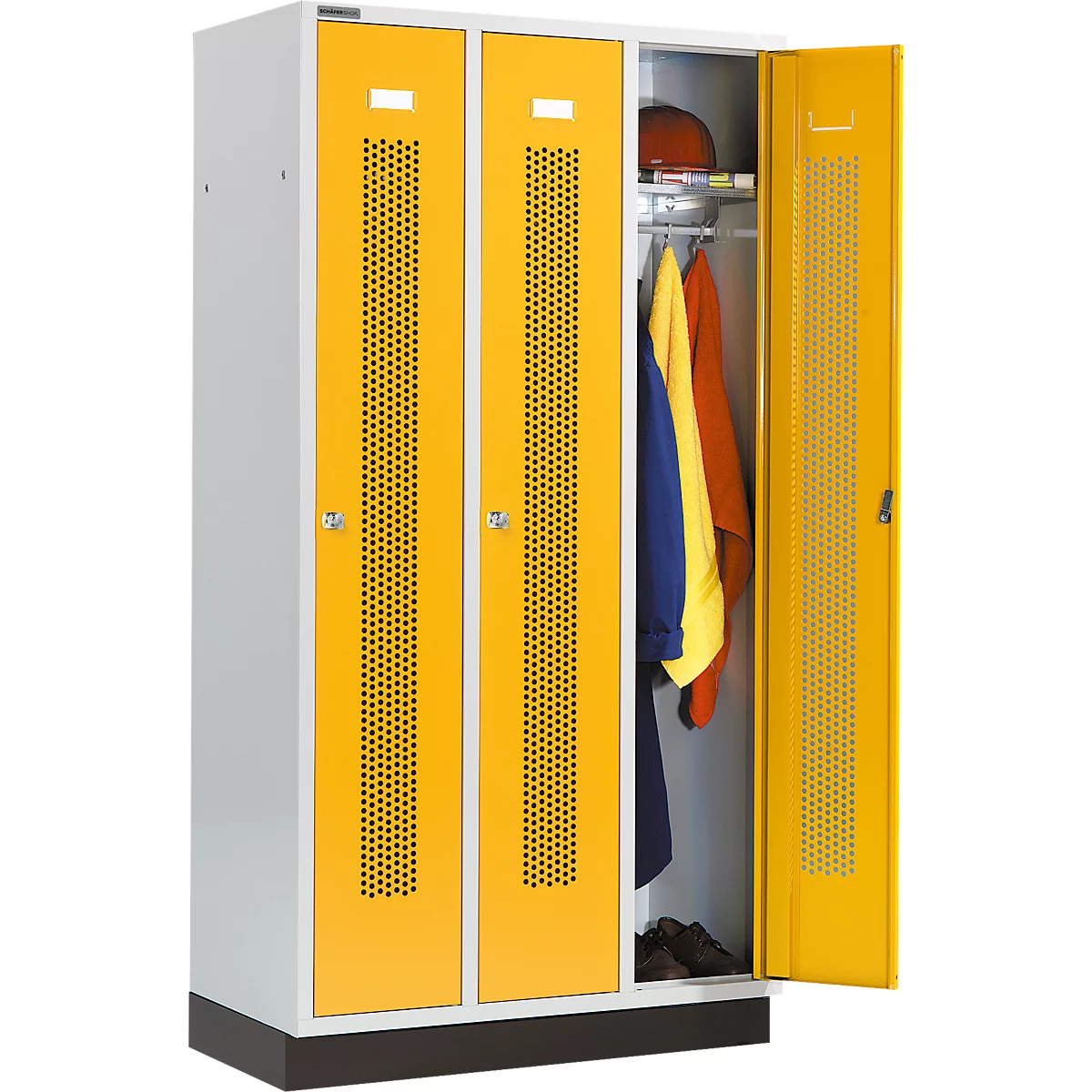 Yellow locker with open door. Inside, clothes are hanging and shoes are standing on the floor.
