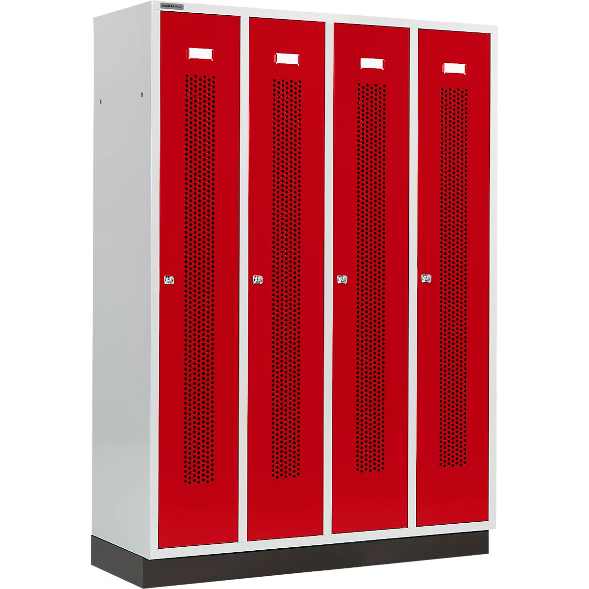 Four red lockers, each with a ventilation grid and a rectangular name plate.