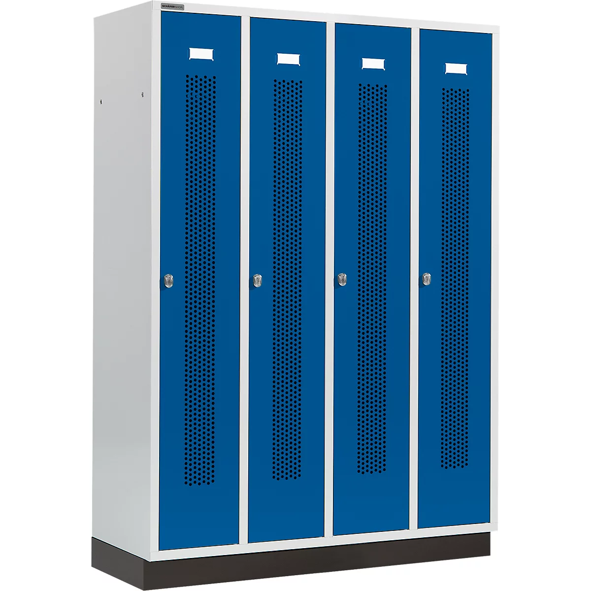 Cabinet with four blue doors, white frames and ventilation holes.