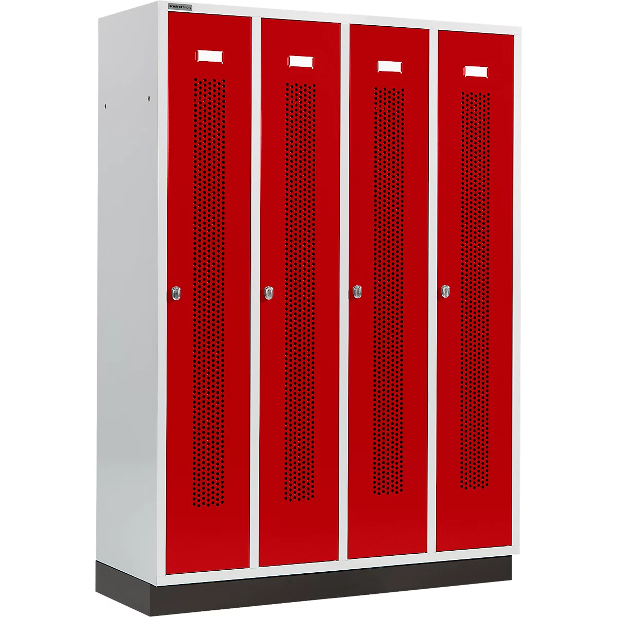 Locker with four red doors and ventilation slots, white frame, and silver handles.