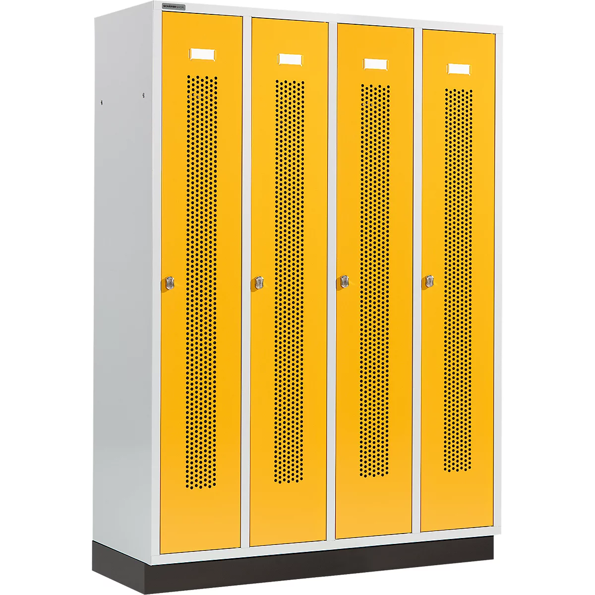 Yellow locker doors with perforation and silver frames. The lockers stand on a black base.