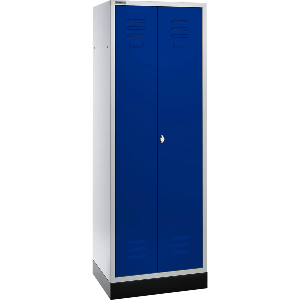 Blue locker with two doors and a silver handle. White outer surfaces. Black base.