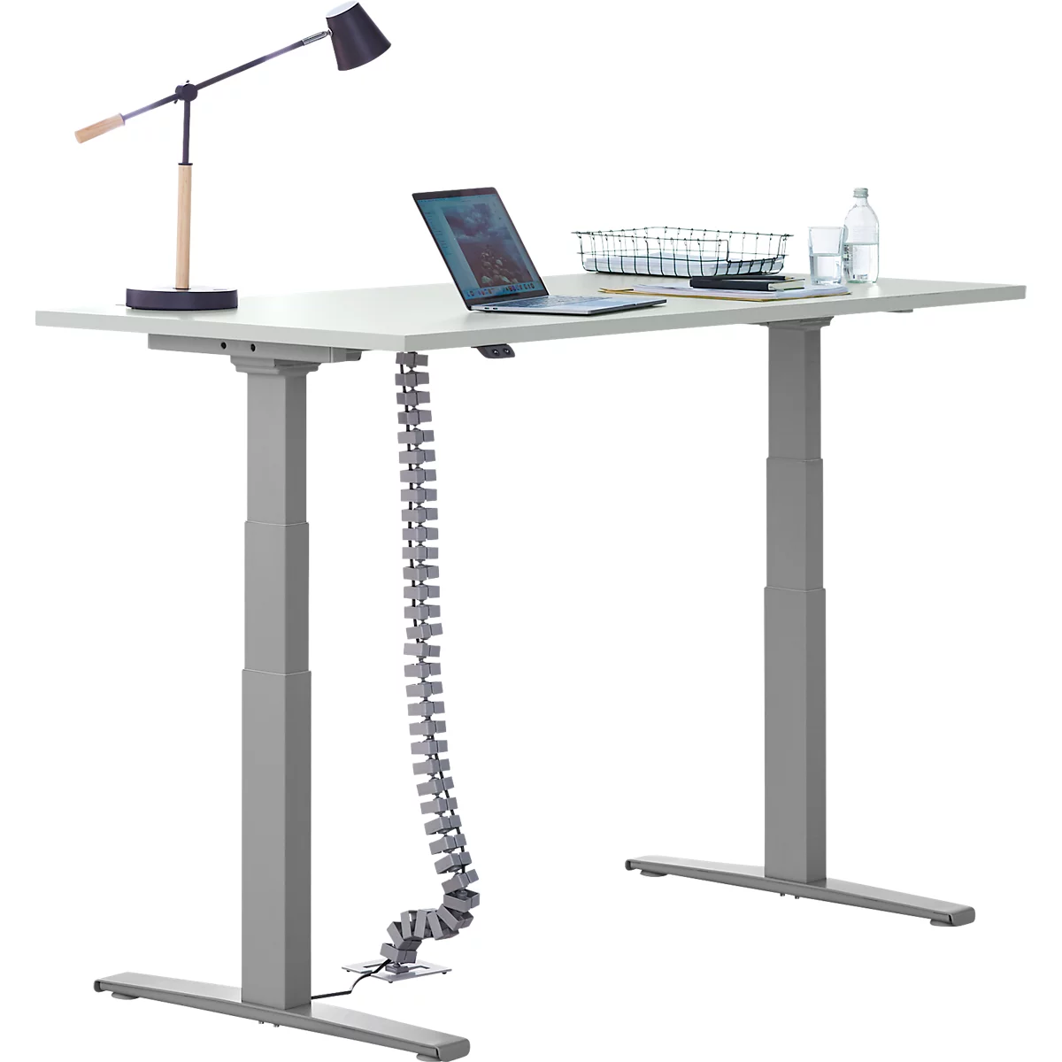 Schäfer Shop Select Login bureau, elektrisch in hoogte verstelbaar, T-voet, B 1600 x D 800 x H 645-1290 mm, aluminium lichtgrijs/wit + kabelslang, zilver