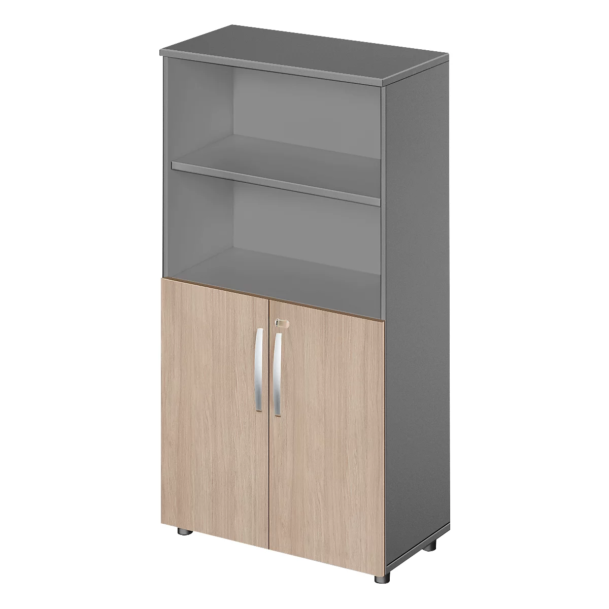 Cabinet with gray and light brown wooden doors, two shelves and silver handles.