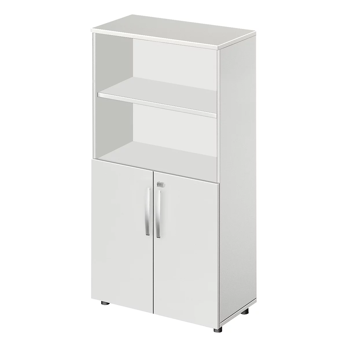 White cabinet with two doors at the bottom and two shelves at the top. Metal handles and feet.