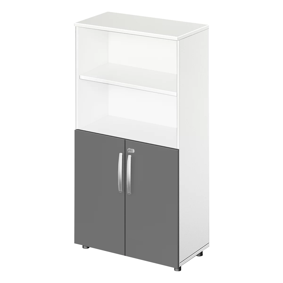 Tall white and grey cabinet, open shelves, grey doors.