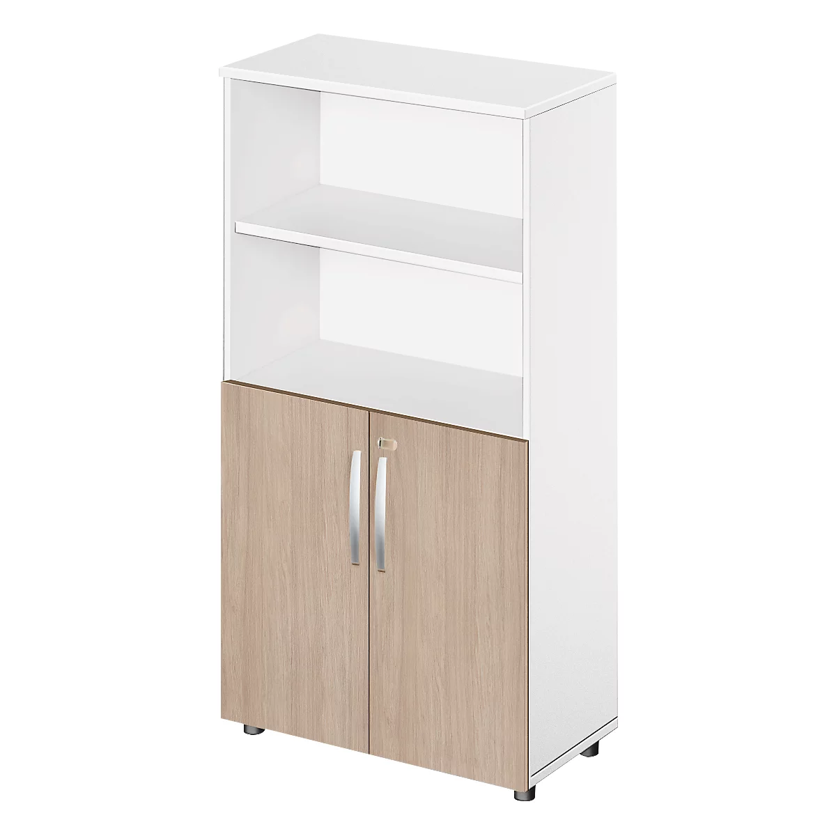 White shelf with two shelves and two wood-look doors at the bottom, silver handles.