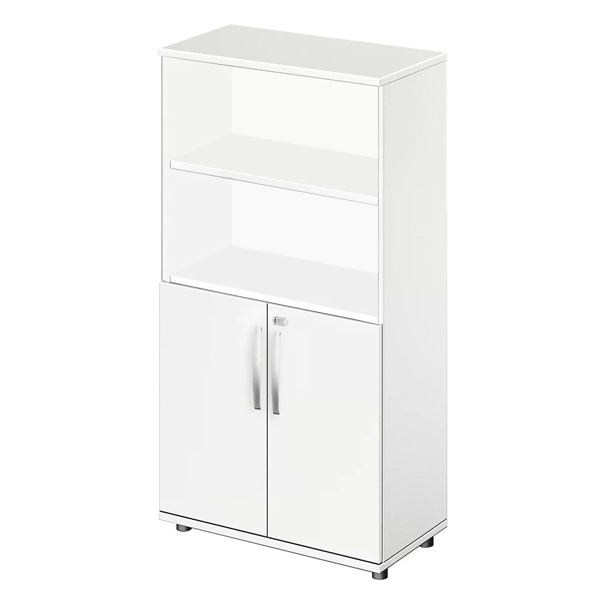 White office cabinet with two doors at the bottom and shelves at the top. Silver handles and legs.