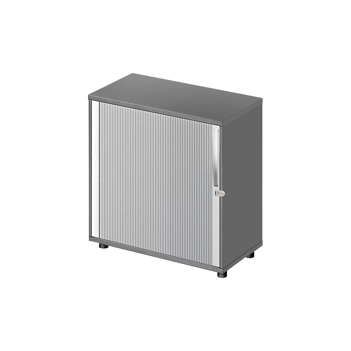 Grey cabinet with a ribbed front door, handle, and feet. The cabinet stands on four small feet.