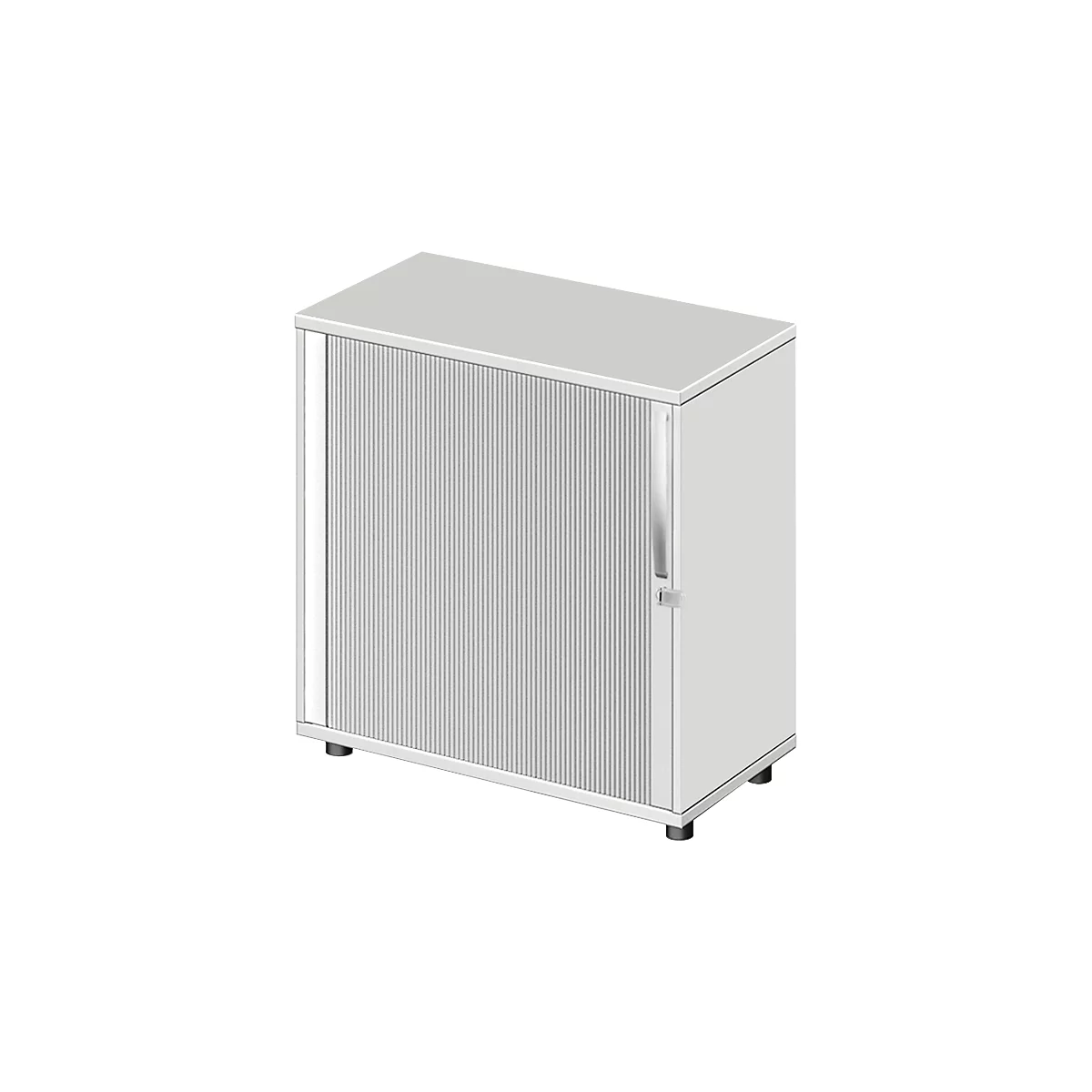 White cabinet with grooved sliding doors. Chrome handle. Stands on four black feet.
