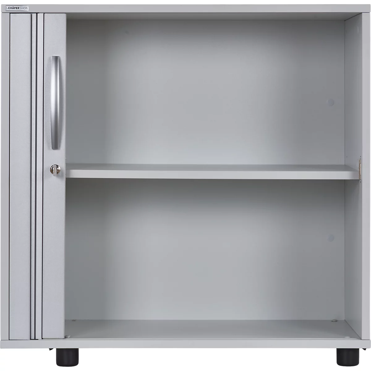 Grey filing cabinet with one door, handle and lock. Inside are two shelves.