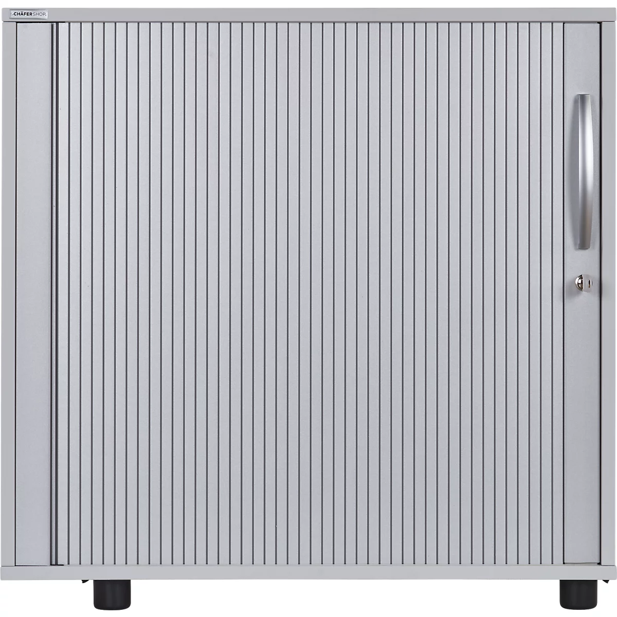 Grey cabinet with ribbed door, silver handle and cylinder lock, on black feet.
