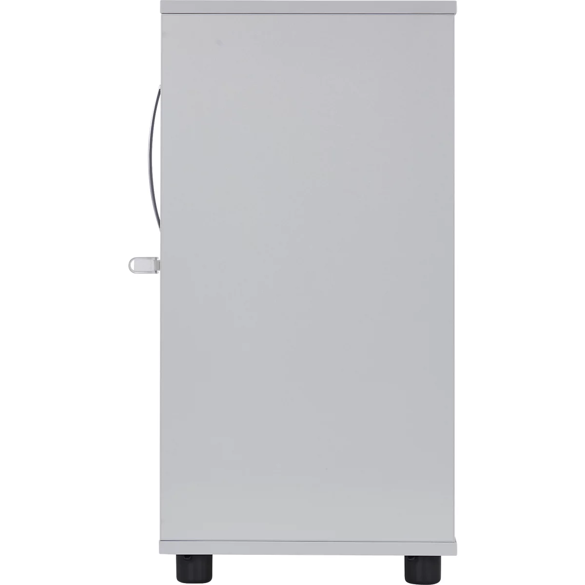 Grey cabinet, side view. With door handle and two black feet.