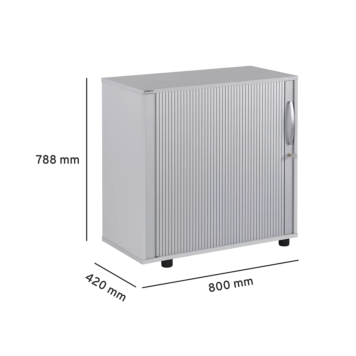 Grey cabinet with roller shutter. Dimensions are 788 x 800 x 420 mm.