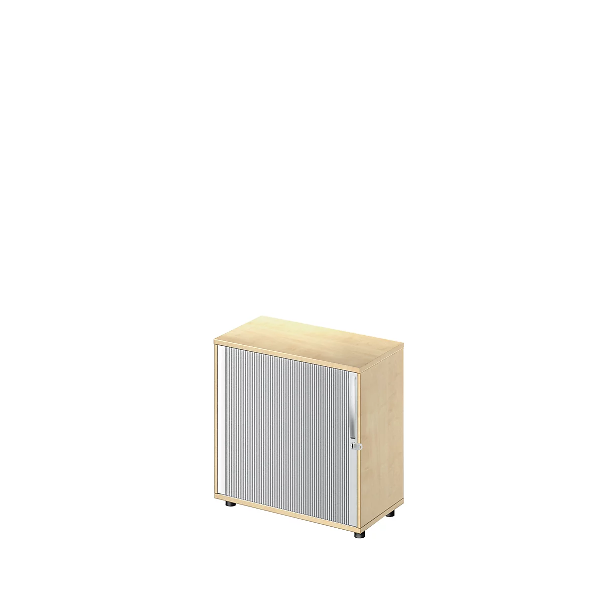 A light wood cabinet with roller shutters. The blinds are silver and the cabinet is set against a white background.