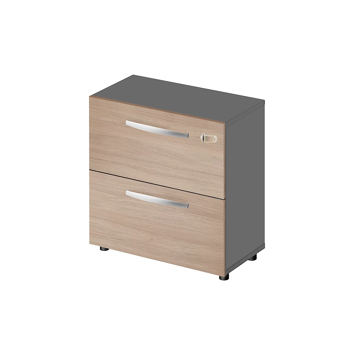 A two-drawer filing cabinet, wood look, gray sides, silver handles, with lock.