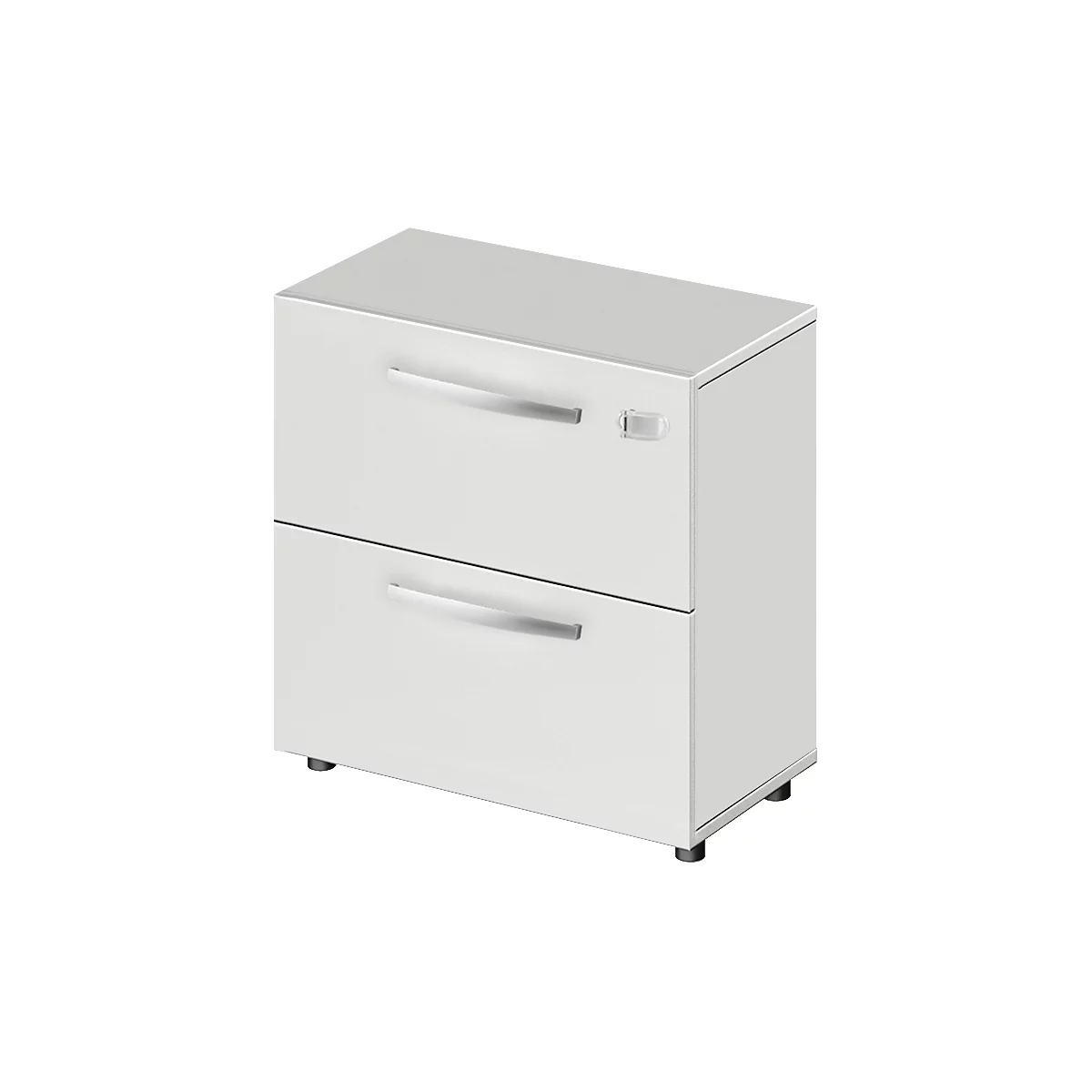White bedside table with two drawers and silver handles.
