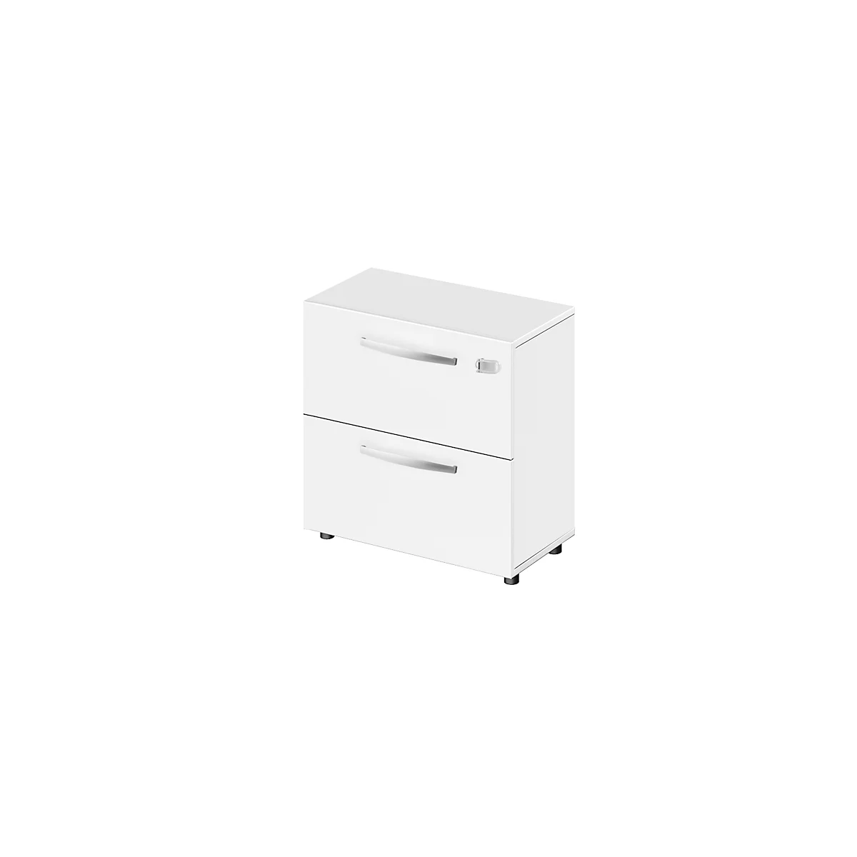 White bedside table with two drawers and silver handles, against a white background.