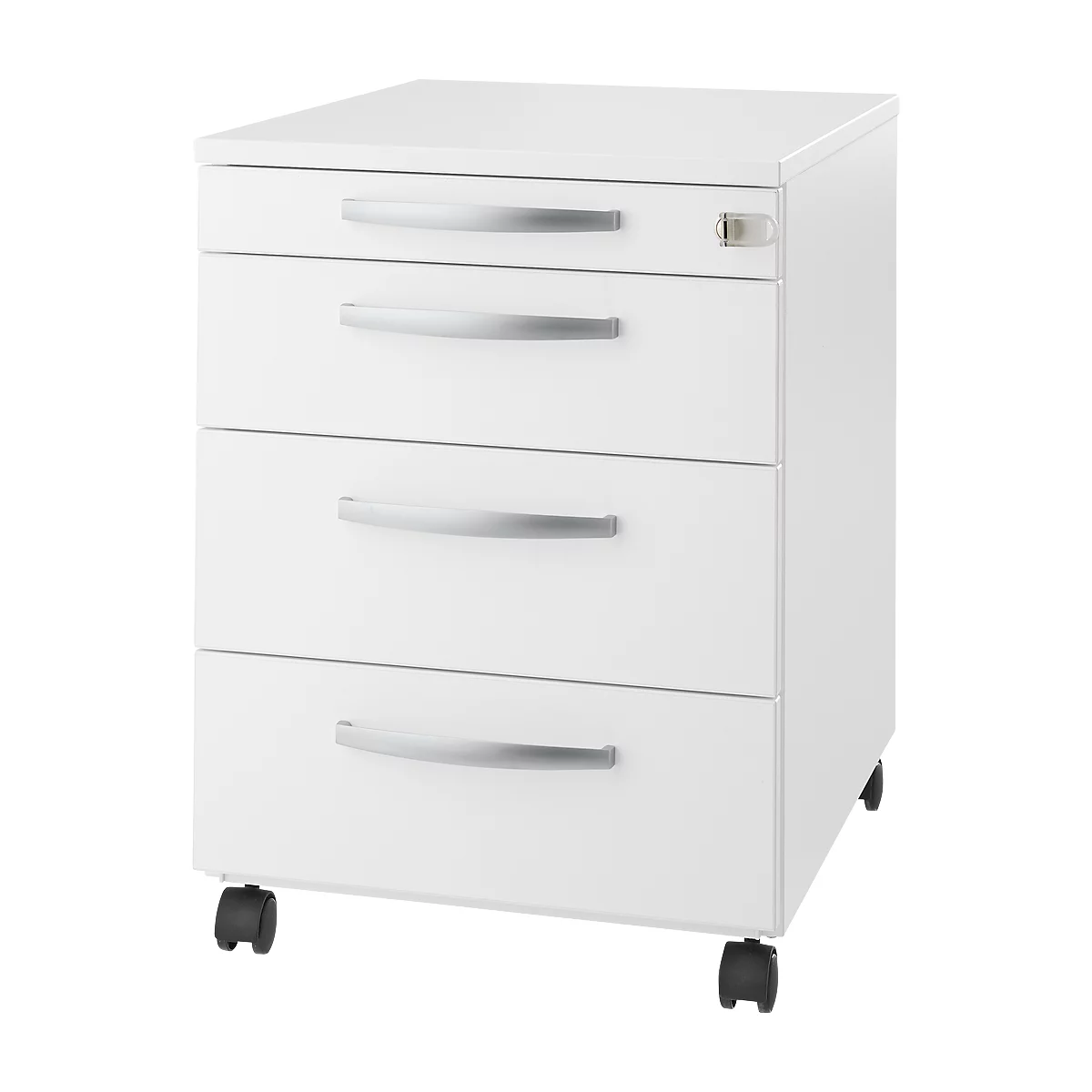 White, rolling filing cabinet with three drawers, metal handles and a small lock.