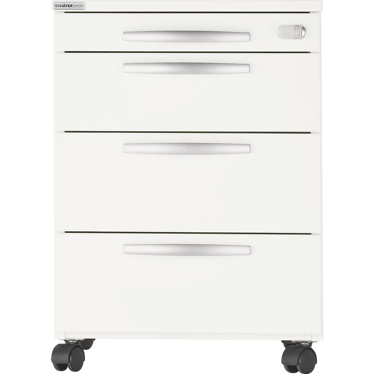 White file cabinet with four drawers, silver handles, and wheels.