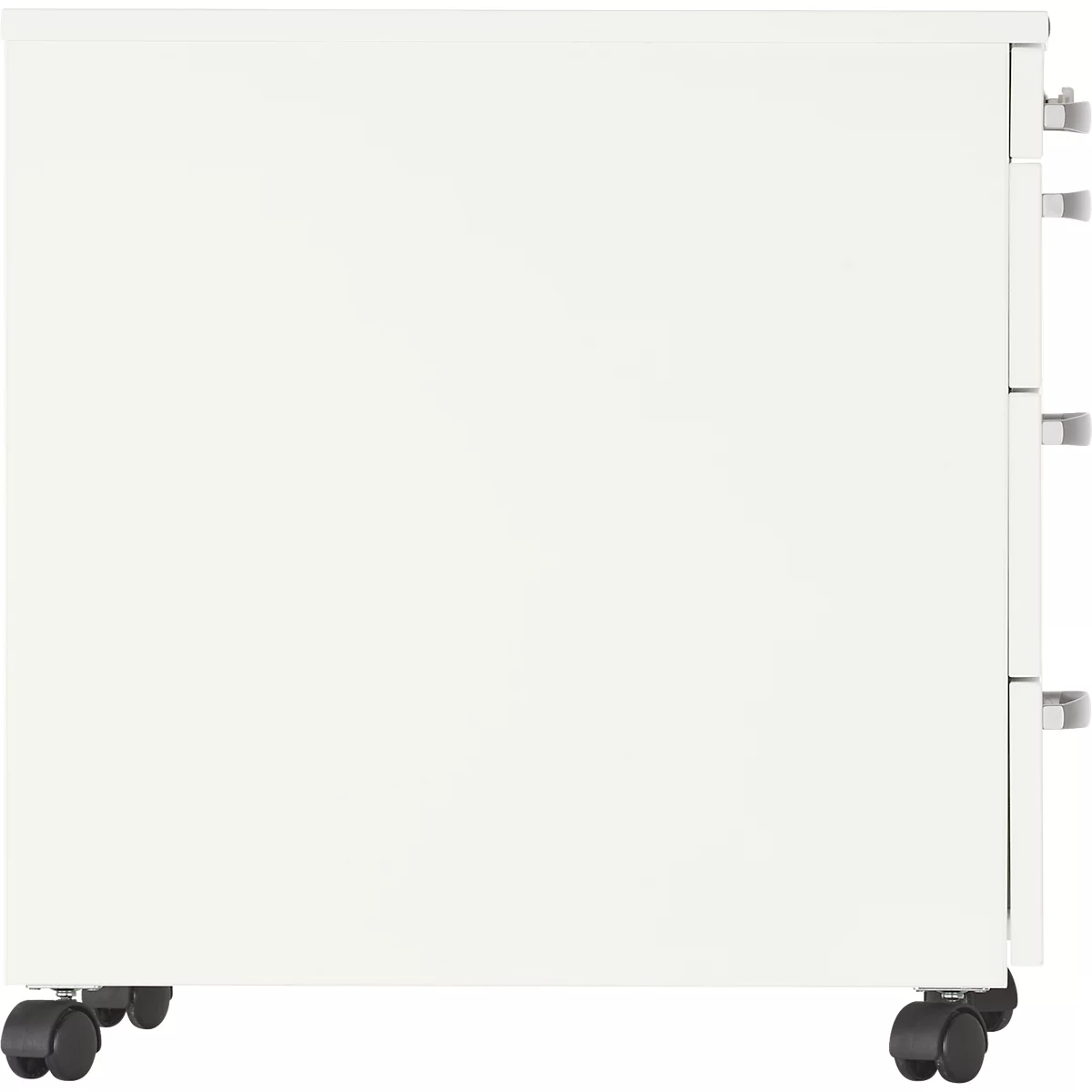 White rolling container with three drawers and silver handles. It stands on black castors.