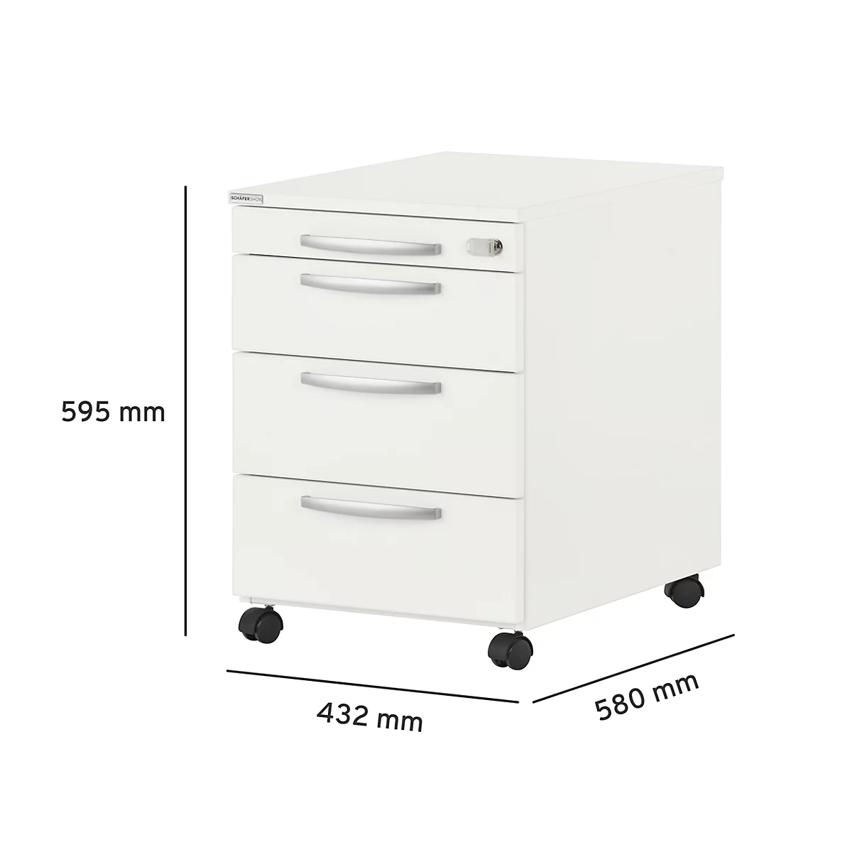White filing cabinet with three drawers, silver handles and wheels. Dimensions: 595 mm high, 432 mm wide and 580 mm deep.