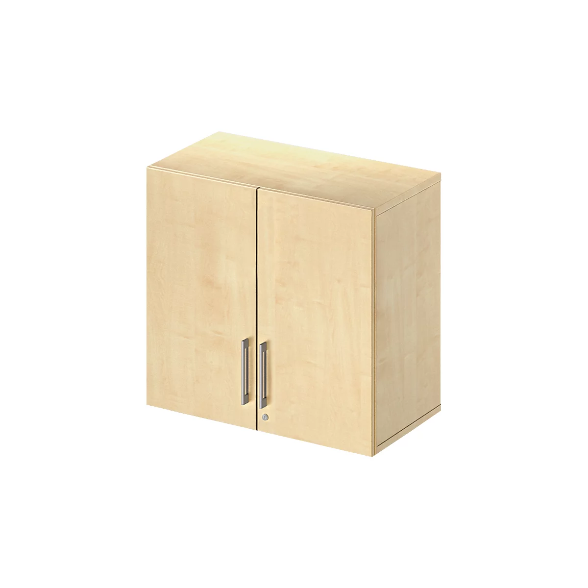 A wooden hanging cabinet with two doors, metallic handles, and a keyhole.