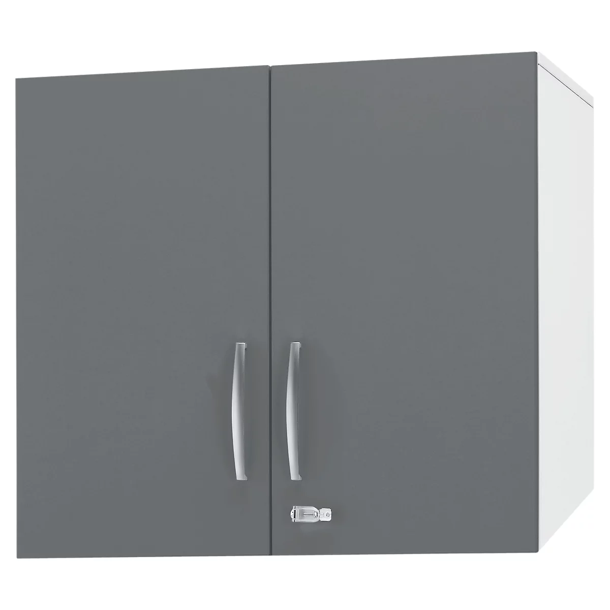 Gray kitchen cabinet with two doors and silver handles. The cabinet is white on the side.