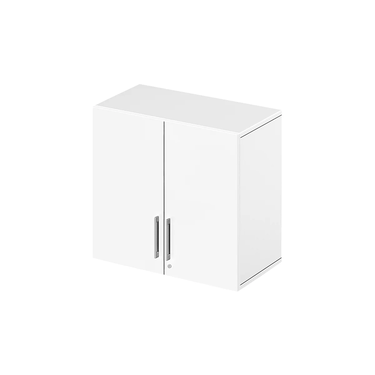 White wall cabinet with two doors and silver handles. A keyhole is at the bottom.