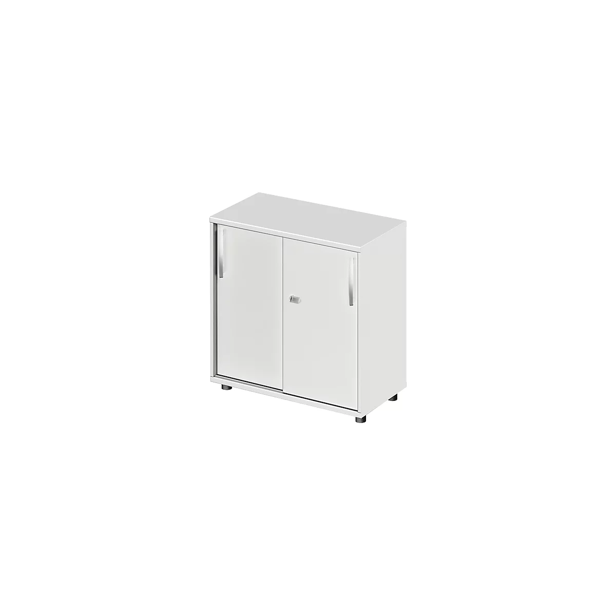 A white filing cabinet with two doors and silver handles. It stands on small black feet.