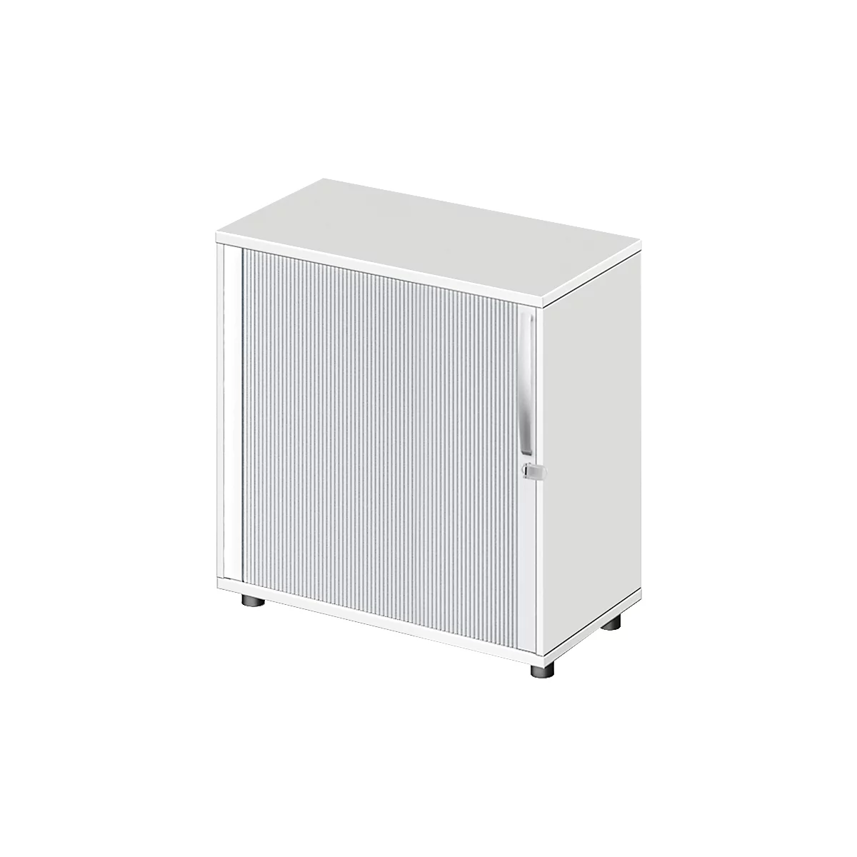 Small white office cabinet with a fluted front and handle. Standing on small feet.