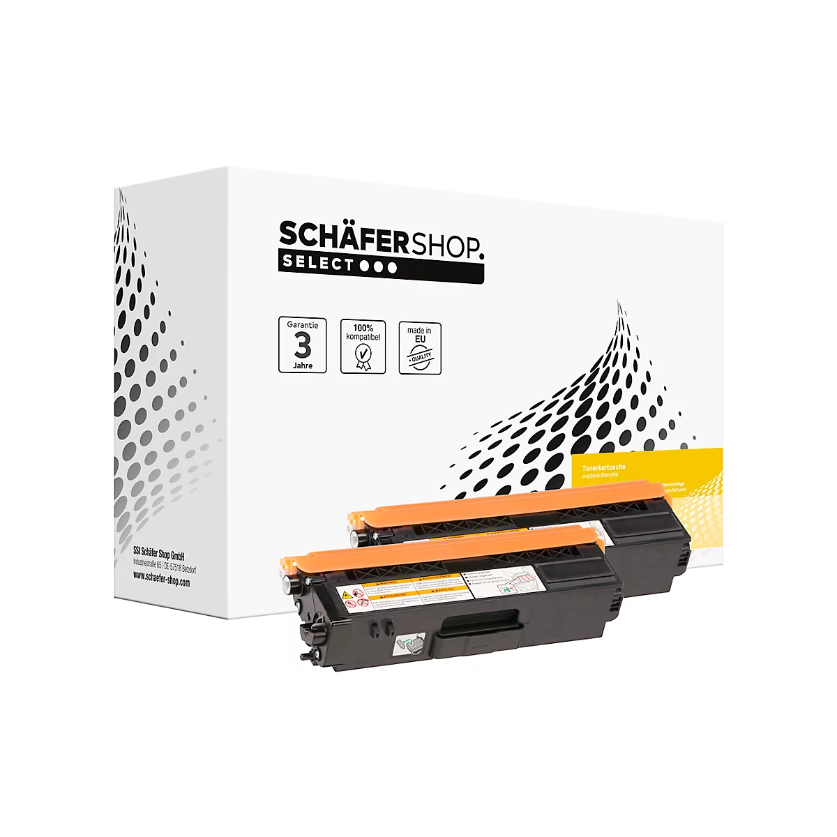 Deux cartouches de toner devant une boîte blanche. Boîte avec logo, inscription : Garantie 3 ans, 100 % compatible, Fabriqué en UE.