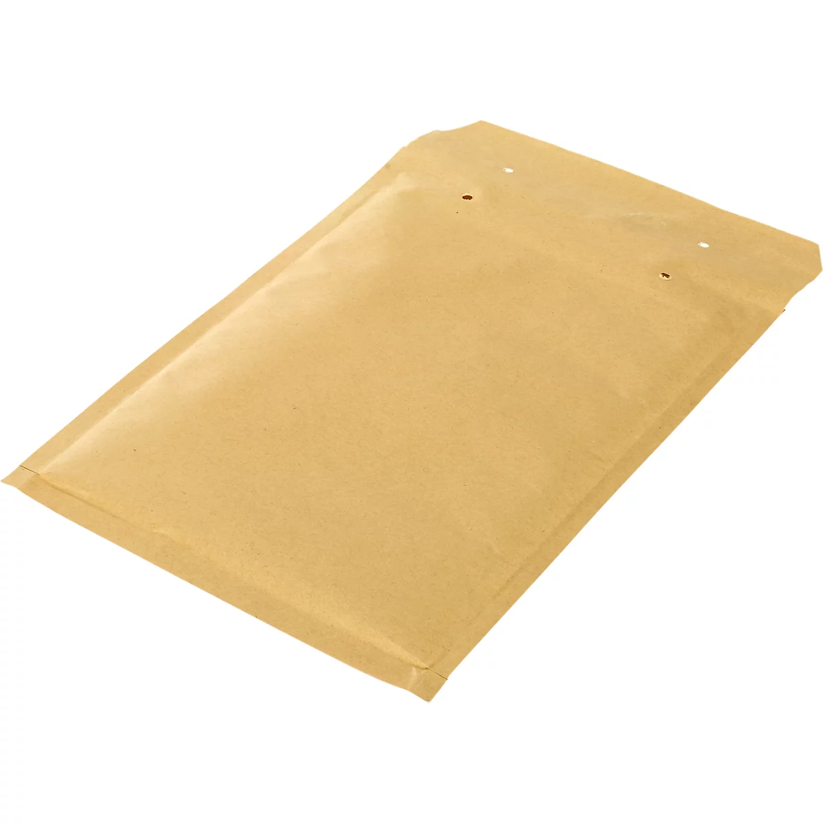 Ein beigefarbener Luftpolstertaschenumschlag mit drei Lochungen.