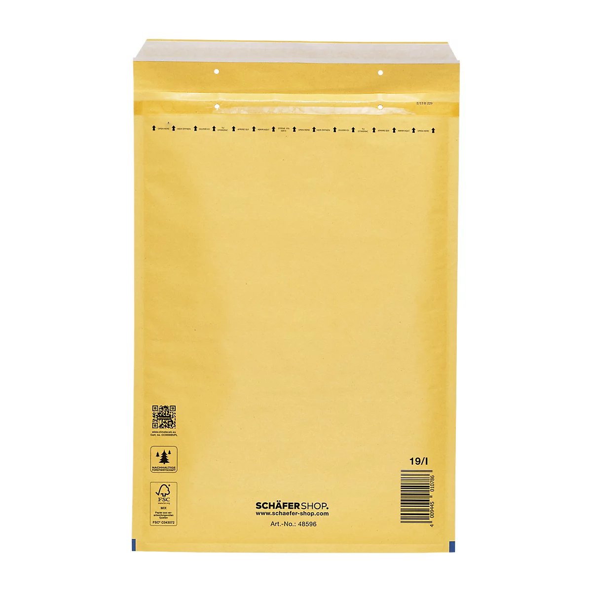Gelber Luftpolsterumschlag mit Aufdrucken und Barcode. Enthält Schriftzüge wie "Schäfer Shop" und "19/1".