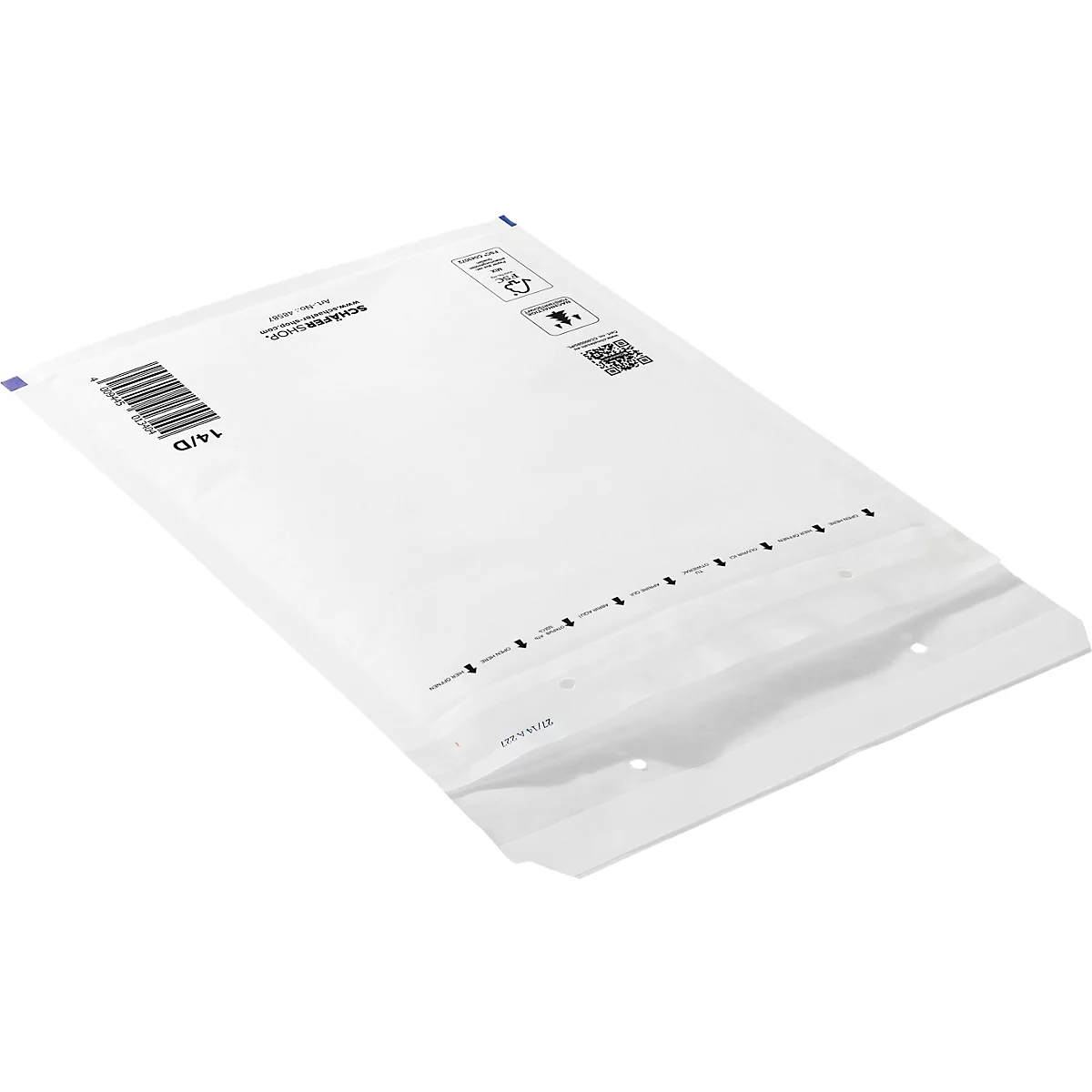 Weißer Luftpolstertasche schräg, mit Barcode, Text und schwarzen Markierungen. Oben blau versiegelt.