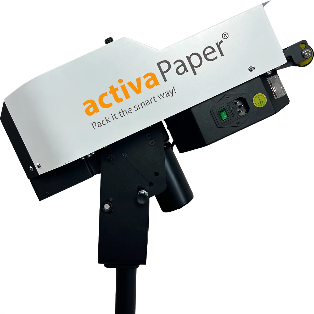 Machine avec boîtier blanc, logo orange "activaPaper" et le texte "Pack it the smart way!"