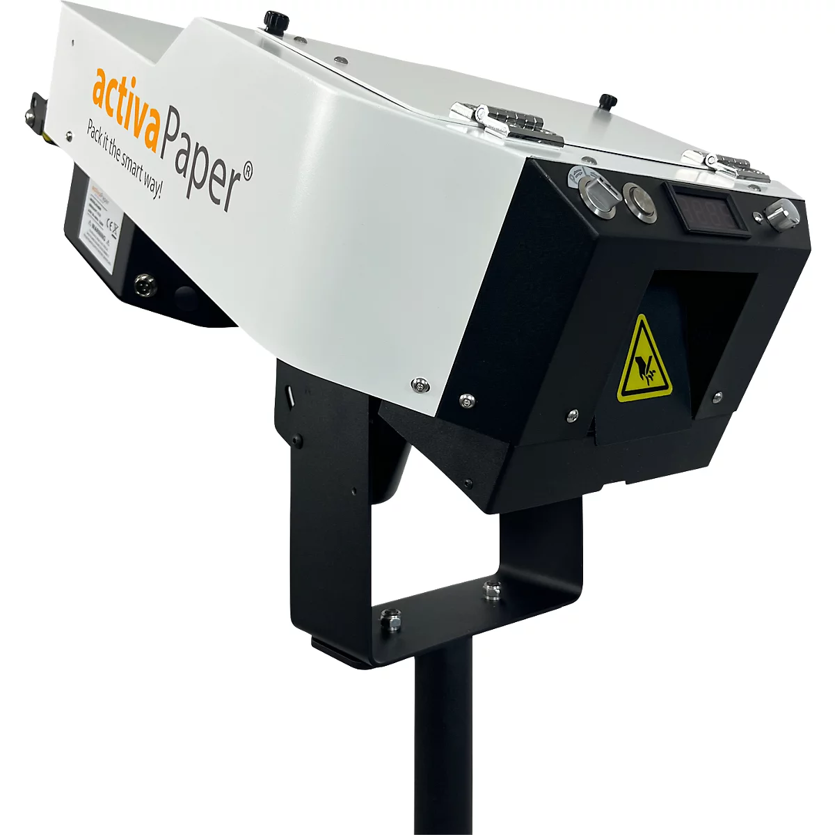 Appareil noir et blanc avec le logo 'activaPaper'. Panneau d'avertissement jaune.