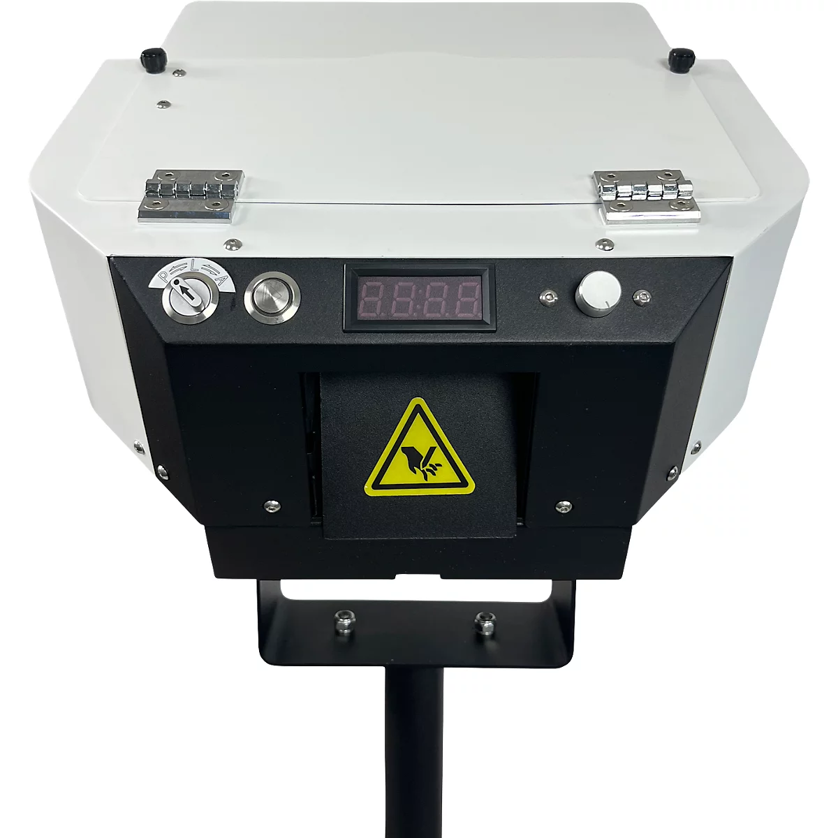 Appareil électronique noir et blanc avec triangle d'avertissement et affichage numérique. Couvercle supérieur à charnière, monté sur support.