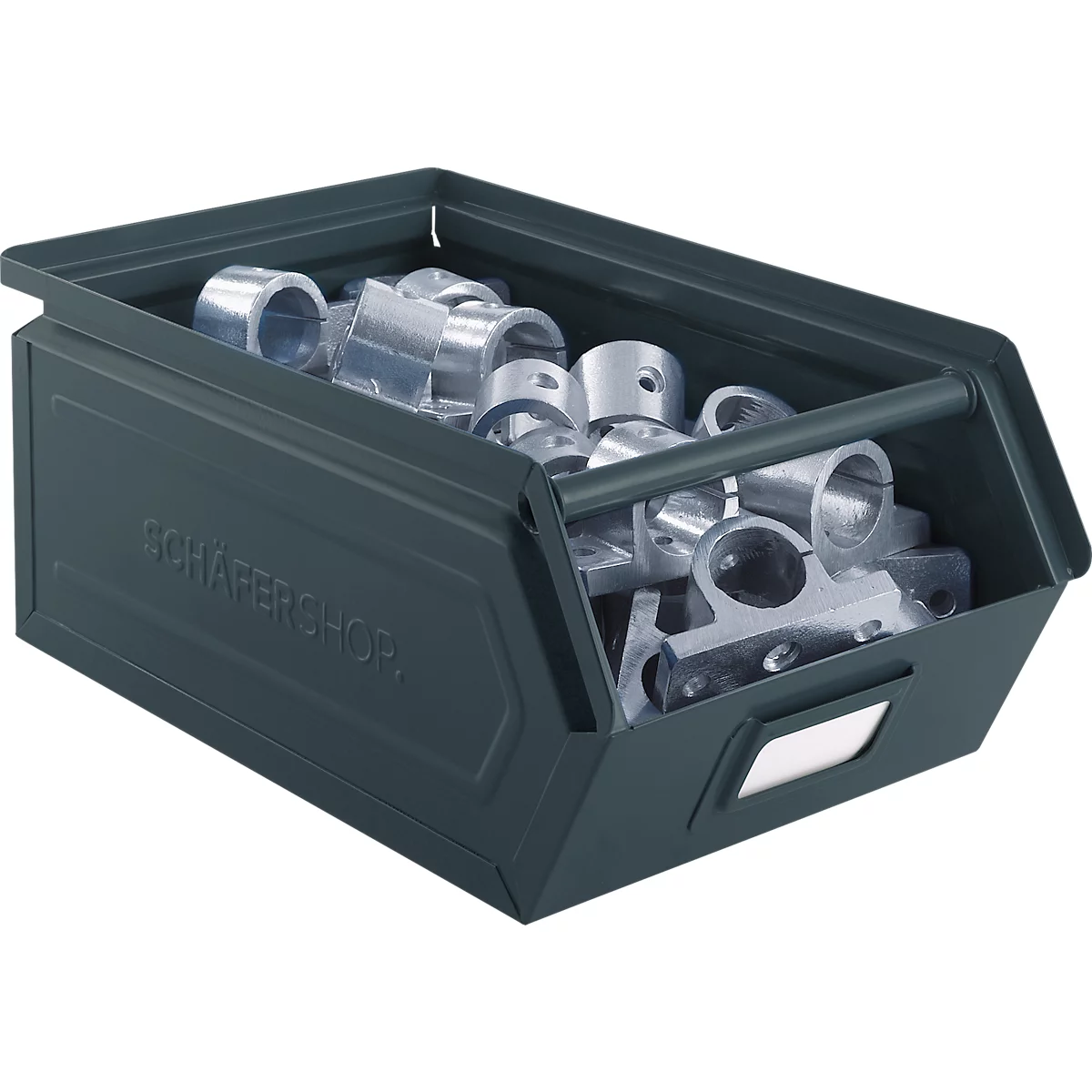 Schäfer Shop Select magazijnbak met open voorzijde en draagbeugel, staal, L 357 x B 211 x H 145 mm, 8,5 l, 60 kg, RAL 5008 (grijsblauw)